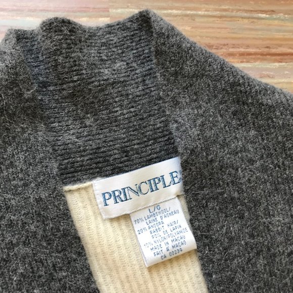 Lambswool & Angora Wool Open Front Cardigan Sweater with Pockets Grey Colorblock - Picture 2 of 6